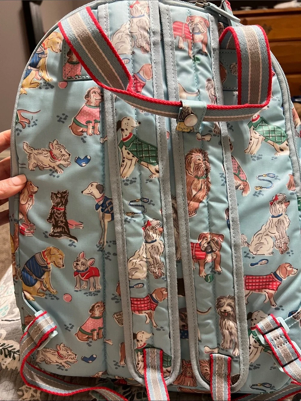 Cath Kidston Light Blue Dog Print Backpack with Multicolor Pup Accents